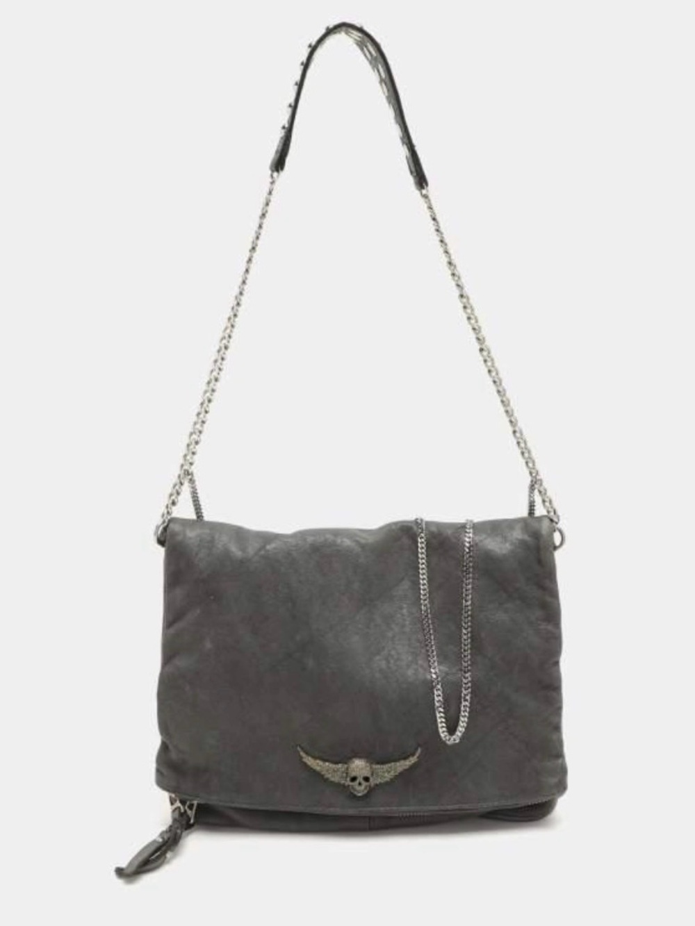 Zadig & Voltaire Rocky Gray Distressed Leather Foldover Chain Crossbody